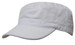 A white military cap featuring a flat brim and a logo. Suitable for sports and casual wear.