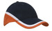 A tri-coloured cap featuring navy blue, orange, and white hues, with an adjustable fit and a logo.