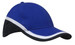 A tri-coloured cap featuring blue, black, and white panels with a curved brim and a logo present.