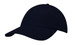 A navy blue cap made from 100% recycled earth-friendly fabric, featuring a logo.