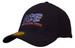 A black cap featuring an embroidered logo with blue and red text. It has a fitted design and textured mesh fabric.
