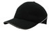 A black cap with crown piping and a sandwich brim, featuring a logo on the front.