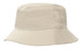 A beige breathable poly twill bucket hat with a wide brim and ventilation holes. Features a logo.