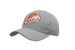A grey cap featuring a logo on the front, with a curved brim and textured fabric.