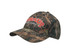 A camouflage cap featuring a bold logo on the front, with various shades of green and brown throughout the design.