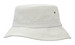 A white bucket hat with a wide brim and a branded logo on the side.