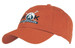 An orange cap with a rounded brim and a logo on the front. It features stitching details and is made from twill fabric.