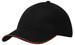 A black cap with an open sandwich peak and contrasting orange trim. It features a logo on the front.