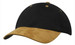 A black cap with a suede peak in a tan colour, featuring a logo on the front.