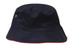 A navy blue bucket hat featuring a contrasting red edge and a logo on the side.