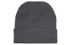 A grey acrylic beanie with a rolled cuff and a simple design, featuring a logo.