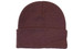 Acrylic beanie in a rich brown colour, featuring a folded cuff and a seamless design. It has a logo present.