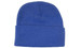 A blue acrylic beanie toque with a folded brim, featuring a logo on the side.