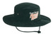A black brushed heavy cotton hat featuring a logo. The hat has a wide brim and an adjustable chin strap.