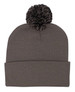 A grey acrylic beanie with a textured finish and a fluffy pom pom on top.