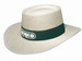 A classic style string straw hat in light beige with a dark green band featuring a logo.