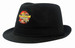 A black cotton twill fedora hat featuring a logo on the front. Suitable for headwear.