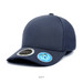 A navy bamboo cap featuring a rounded crown and a flat visor, with a logo and two promotional badges.