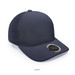 A navy cap featuring a polyester and mesh design, complete with a branded logo.
