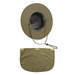An olive green outdoor hat with a wide brim and a detachable neck flap. It features an internal mesh lining and has a logo.