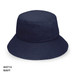 A navy bucket hat with a wide brim and a circular top, featuring a logo.