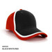 A cap featuring a black crown, red brim, and white double trim, accompanied by a logo.