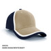 A cap featuring a dark khaki front with navy sides and white trim, complete with a logo.