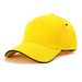 A yellow cap with surrounding piping and a logo on the side.