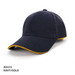 A navy cap with gold piping and an eyelet, featuring a logo on the side.