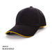A black cap with gold surround piping and an eyelet, featuring a logo. Ideal for headwear promotion.