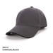 A charcoal and black cap with a curved brim and a logo on the side.