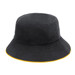 A black bucket hat with a yellow highlight along the brim and a small logo detail.