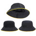 A black bucket hat with a yellow trim, featuring a logo and a wide brim.