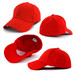 A red cotton spandex cap featuring a curved brim and an internal label, showcasing multiple views of the product.