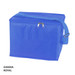 A blue cooler bag with a zip closure and adjustable strap, featuring a logo on the side.