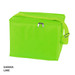 A lime green cooler bag with a zip closure and an adjustable shoulder strap, featuring a logo.