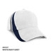 A cap featuring white, navy, and grey colours, with mesh contrast sides and a logo.