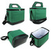 A green cooler bag with a black bottom and handle, featuring a zip closure and an adjustable strap.