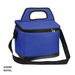 A blue cooler bag with a black base and a zip closure, featuring a carrying handle and detachable strap.