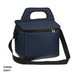 A navy cooler bag with a zippered lid, carrying handle, and shoulder strap, featuring a logo on the front.
