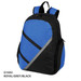 A blue, grey, and black backpack with a sleek design and a logo. Features two shoulder straps and a zippered compartment.