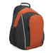 A black and orange backpack featuring a main compartment, a front pocket, and a mesh side pocket.
