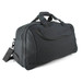 A black wheeled travel bag with dual handles, a shoulder strap, and a zippered compartment. It features a logo.