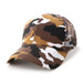 A camo-patterned 6-panel cap in brown, tan, and black with a mesh backing and an embroidered logo.