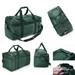 A green duffle bag with multiple compartments, grab handles, and an adjustable shoulder strap. It features a logo.