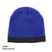 Acrylic two-tone beanie in royal blue with a black band, featuring a logo on the side.