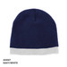 Acrylic two-tone beanie in navy and white, featuring a logo.