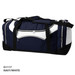 A navy and white duffle bag with multiple zippers and a large compartment, featuring a logo.