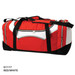 A red and white duffle bag with black accents and multiple zippered compartments. The bag features a logo.