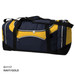 A navy and gold duffle bag with zippered pockets and black straps, featuring a logo.